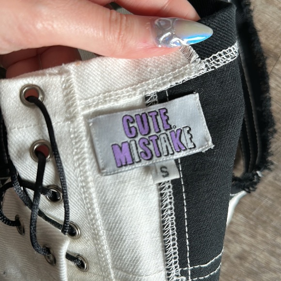 Dolls Kill Black & White Denim Halter Crop - Picture 3 of 3